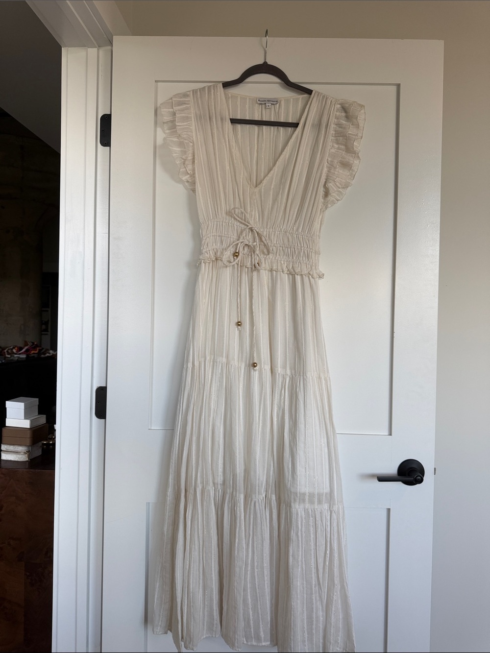 Karina Grimaldi White Tiered Maxi Dress with Ruffle Sleeves